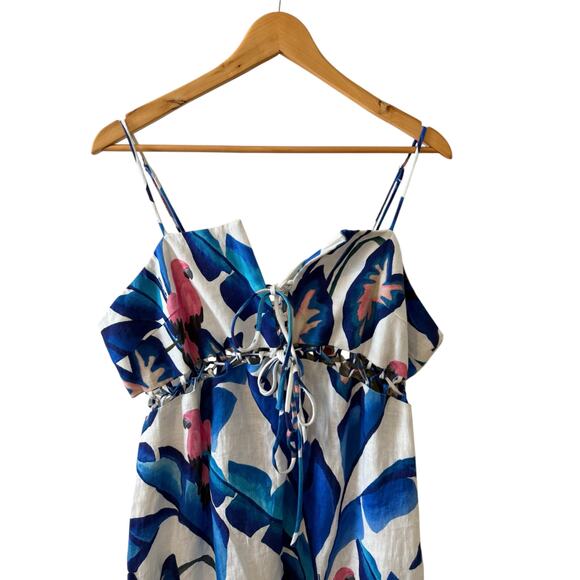 Farm Rio Blue Foliage Linen Laced Front Maxi Dress White Blue XL - Picture 10 of 13